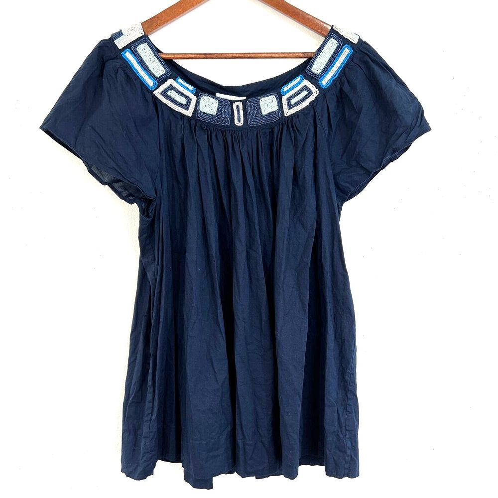 Charter Club Tunic Blouse 16W Embellished & Beaded Boat Neckline Blue Cap Sleeve